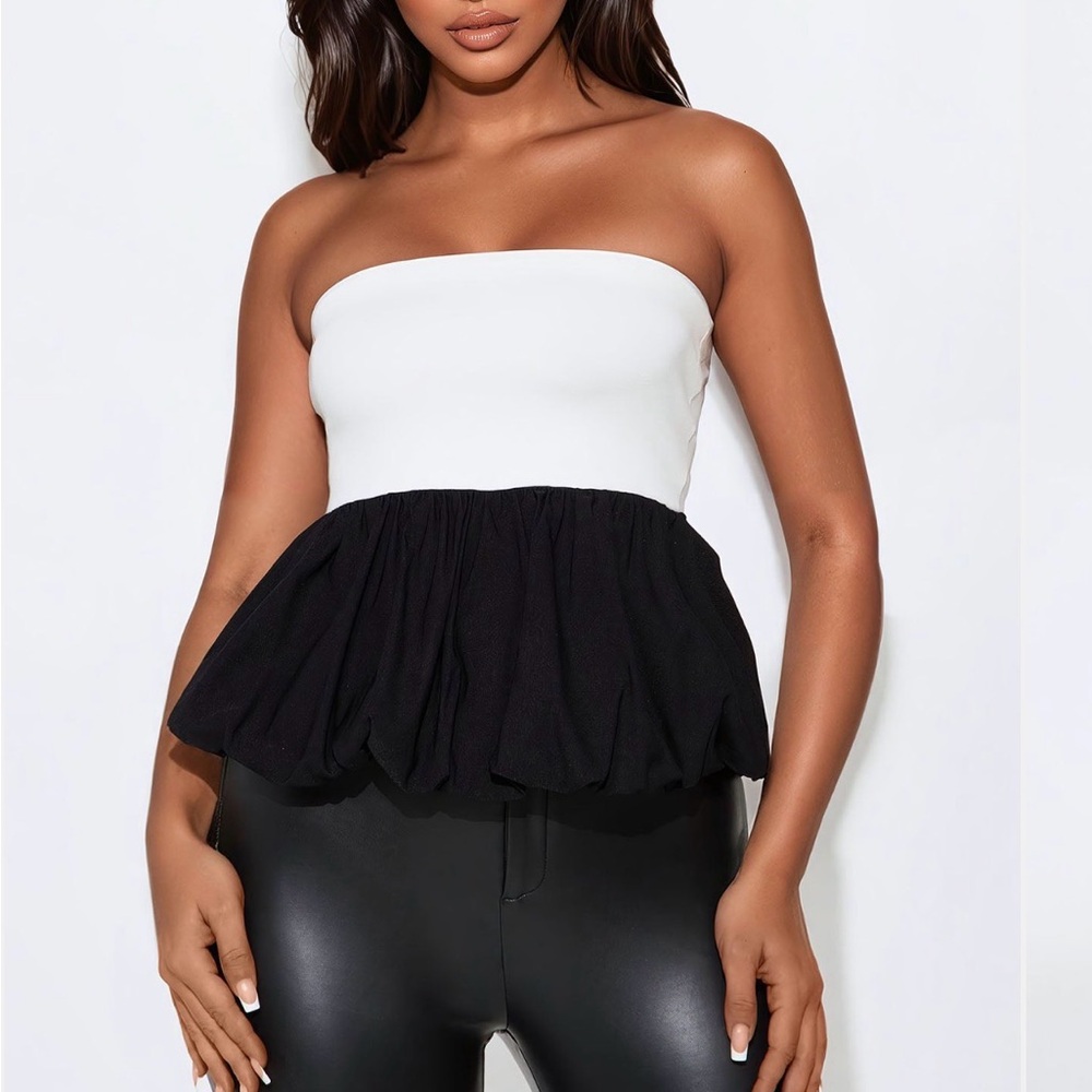 Chic Strapless White and Black Peplum Top